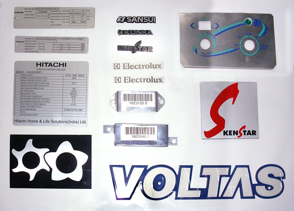 Range of anodised aluminium nameplates and embossed brand logos manufactured in-house