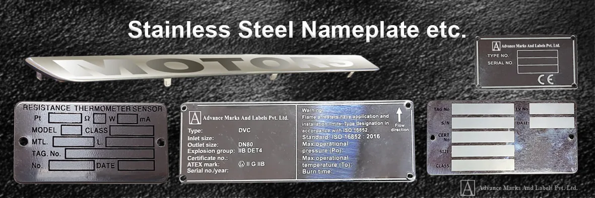 Stainless steel nameplates and data plates manufactured for industrial equipment