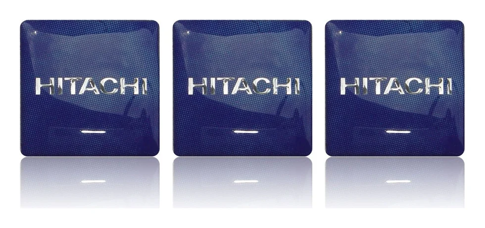 Three blue Hitachi dome labels with chrome-effect lettering under clear PU resin