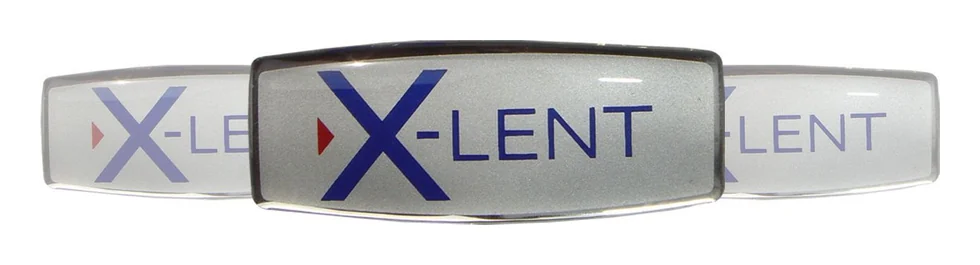 X-LENT dome label with a metallic silver ground and blue lettering